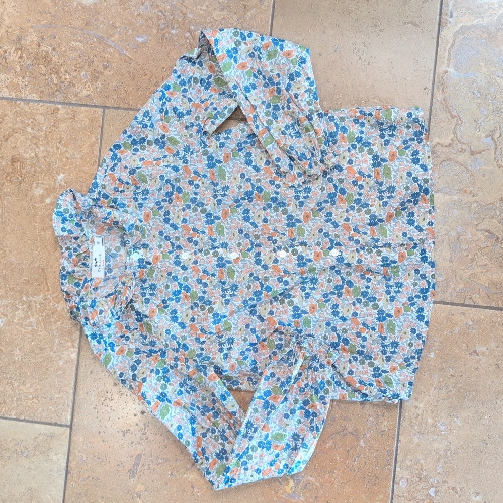 Cyrillus girl Liberty print blouse. Green, Orange and navy floral. Size 8.